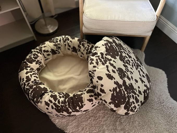Organic Cotton Canvas Dog Bed: Removable Cover, Natural Fill - Made in USA (Cow Print Brown White, Small 24" x 7" inches)