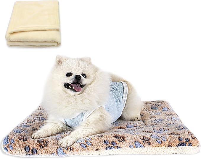 Cat Dog Bed Mat & Blanket, Reversible Pets Crate Pad Bed Mat and Ultra Soft Warm Fleece Calming Blanket for Small Puppy Kitty, Washable