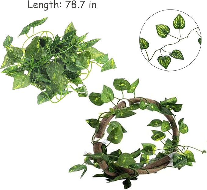 kathson Bearded Dragon Hammock Reptile Hideout Wooden Bridge Jungle Climber Vines Flexible Reptile Leaves with Suction Cups Reptile Habitat Decor for Chameleon, Lizards, Gecko, Snakes Climbing Hiding