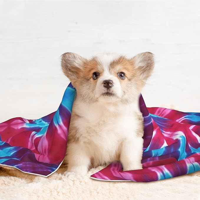 Pet Blanket for Travel and Home, Tie Dye, Reversible Plush Dot Design with Soft Grip Texture on One Side Perfect for Car Seats Moving Vehicles