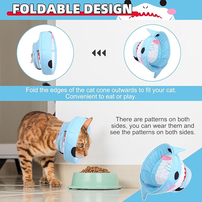 KOOLTAIL Cat Cone Collar, Adjustable Soft Comfortable Cat Recovery Collar to Stop Licking, Foldable Donut Water Resistant Pet Cone for Small Large Cats Kittens After Surgery Shark S