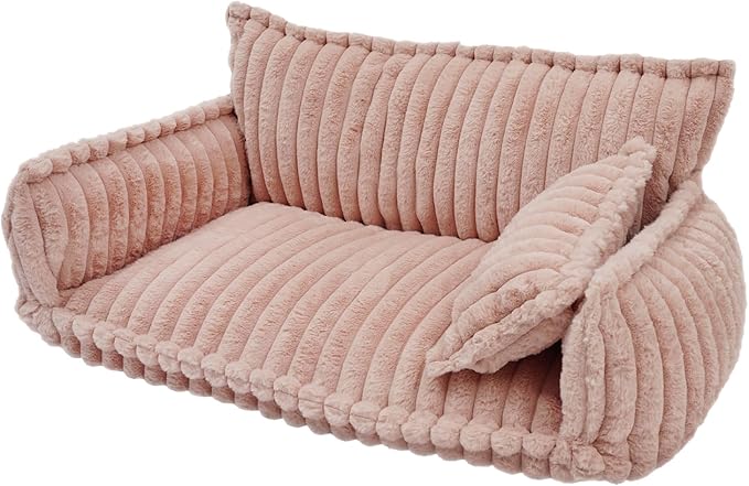 Pet Couch Calming Bed, Pet Couch with Removable Washable Cover, Plush Pets Sofa for Indoor Use, Supportive Orthopedic Dog Bed (Pink)