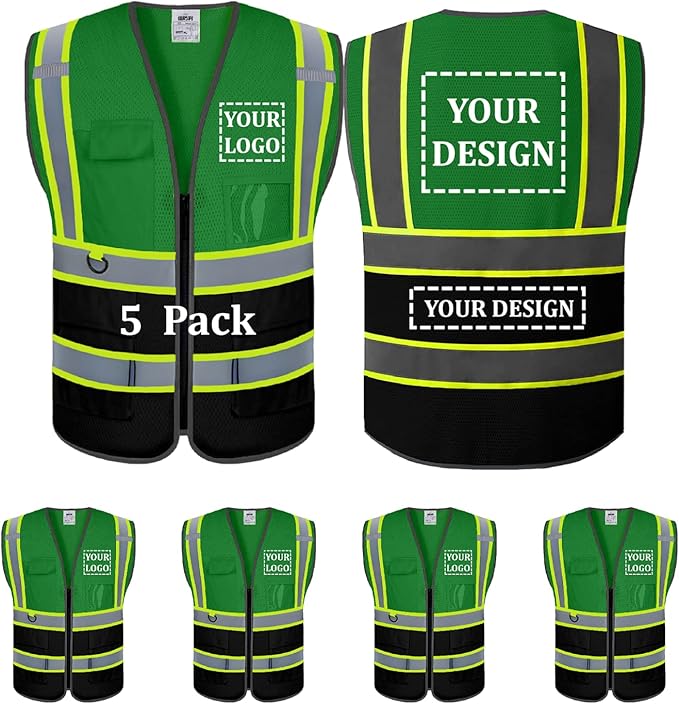 5 Pack Custom Safety Vest Customized Logo Mesh Vest Class 2 High Visibility Reflective Vest with Pockets Workwear（Green Black，L ）
