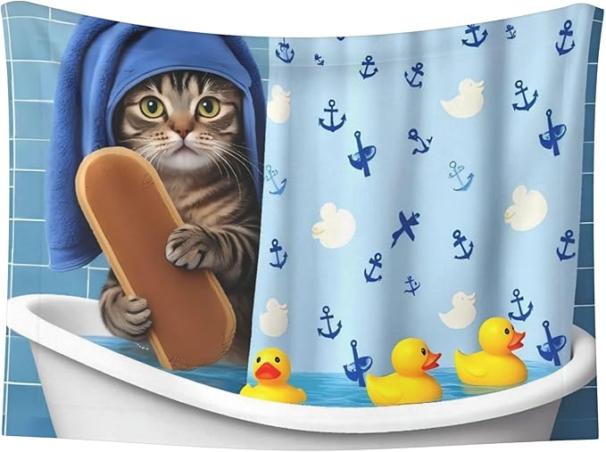 Waterproof Dog Blanket Soft Pet Blanket for Puppy, Fleece Cat Throw Blankets for Furniture Bed Couch Sofa Reversible - Funny Cat Taking a Bath
