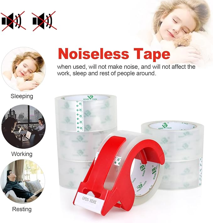 BOMEI PACK No Noise Quiet Clear Packing Tape, Heavy Duty Packaging Tape, Refill Rolls for Sealing Packing and Shipping, 2.4Mil 1.88Inch 55Yards 6rolls, with Free Dispenser