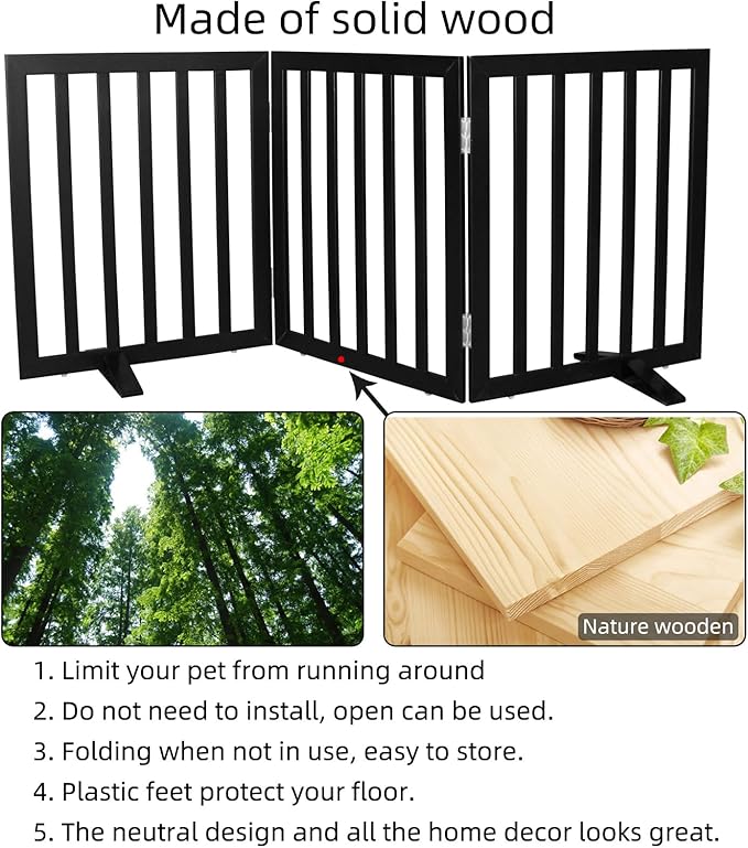 Dog Gate Indoor, Freestanding Dog Fence for The House, Doorways, Hallways,or Stairs,Pet Gate Foldable Wooden,Expandable 24" Height 3 Panels,Black