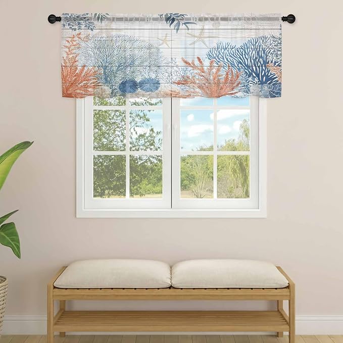 Ocean Corals Sheer Valance Curtains, Summer Beach Coral Sea Stars Wood Grain