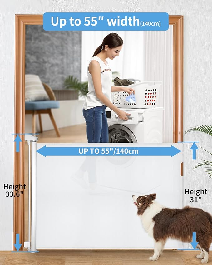 (2 Pack) Retractable Baby Gate for Doorways and Stairs, Mesh Safety Gate for Pet, Indoor & Outdoor Use, One-Hand Operation, Easy Installation, 33.6" Tall, Expands to 55" Wide（White,33.6"x55"