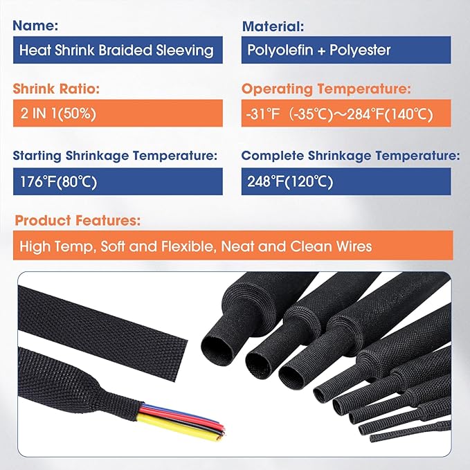 2:1 Heat shrinkable Braided Sleeving Fabric Wire Loom High Temp Heat Shrink Wiring Harness Abrasion Protector Cable Sleeve(1/2"-48ft)