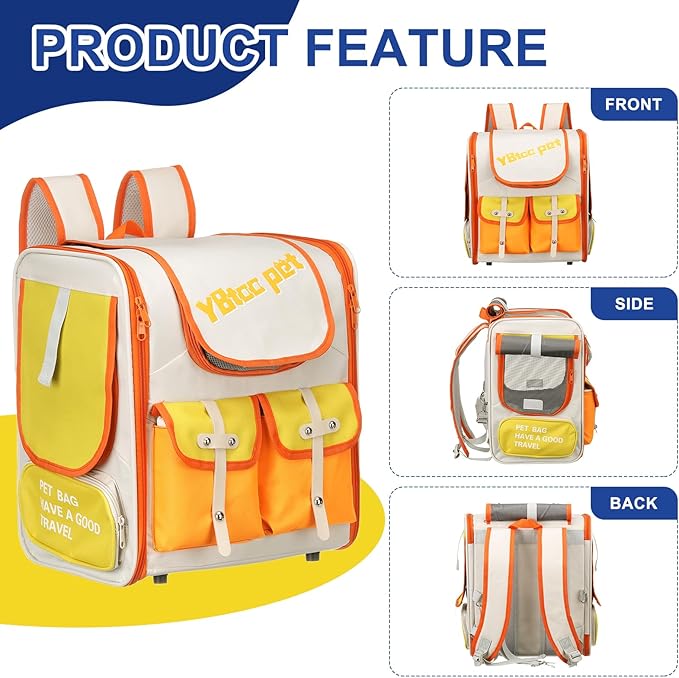 Pet Backpack Carrier, Portable and Ventilated, Oxford Cloth, Dogs Cats and Small Animals Travel Bag 13.39", (Beige, White, Orange, 1 Pcs), Intended for Hiking/Camping/Traveling