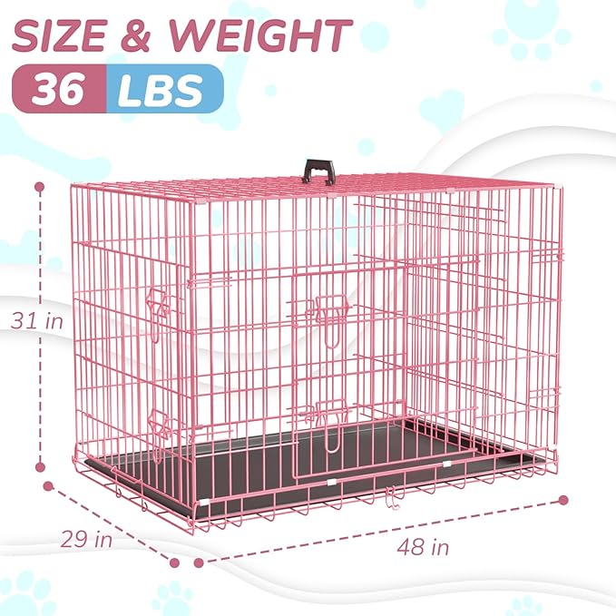 48 Inch Dog Crate Dog Kennels Folding Mental Wire Crates Dog Crates for Large Dogs Cage Outdoor Indoor Pet XL Dog Crate with Double-Door,Divider Panel, Removable Tray,Pink