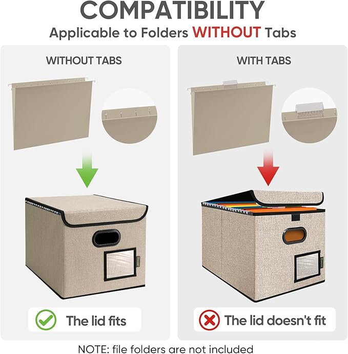 BALEINE File Organizer Box with Lid, Collapsible File Folder Organizer with Plastic Slide, Hanging File Folder Box for Office Document Storage (1 Pack, Beige)