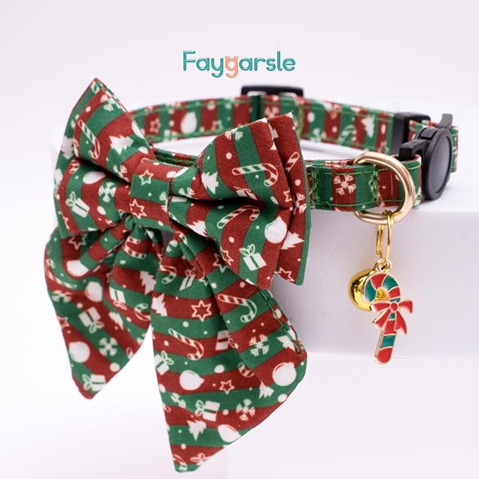 Faygarsle 2 Pack Christmas Cat Collar Cute Holiday Cat Collar with Bow tie Breakaway Red Green Winter Collar for Boy and Girl Cats Female Male Cat Christmas Collar