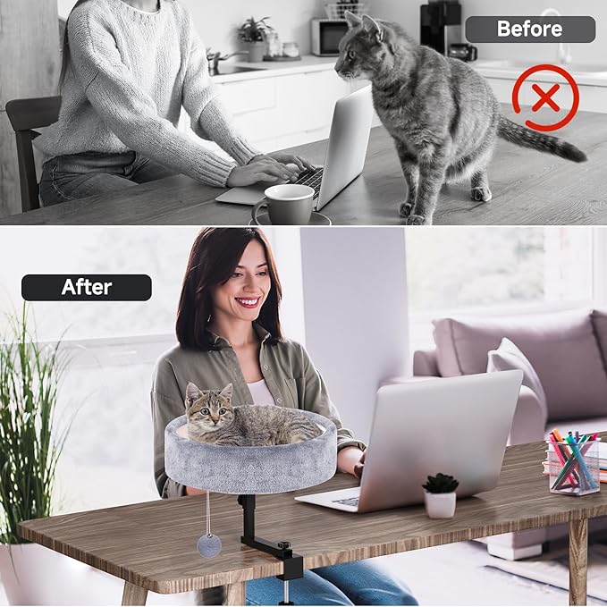 Cat Desk Bed - 360° Rotating & Adjustable, Supports 44 lbs, Soft Faux Fur with Dual-Sided Reversible Mat, Modern Indoor Cat Nest Furniture for Office Desks and Game Tables, Island Table