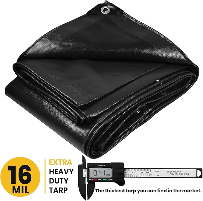 PROTARP Extra Heavy Duty 16 Mil Tarp Cover, Waterproof, UV Resistant, Rip and Tear Proof, Poly Tarpaulin with Reinforced Edges for Roof, Camping, Patio, Pool, Boat. (Black 30′ X 50′)
