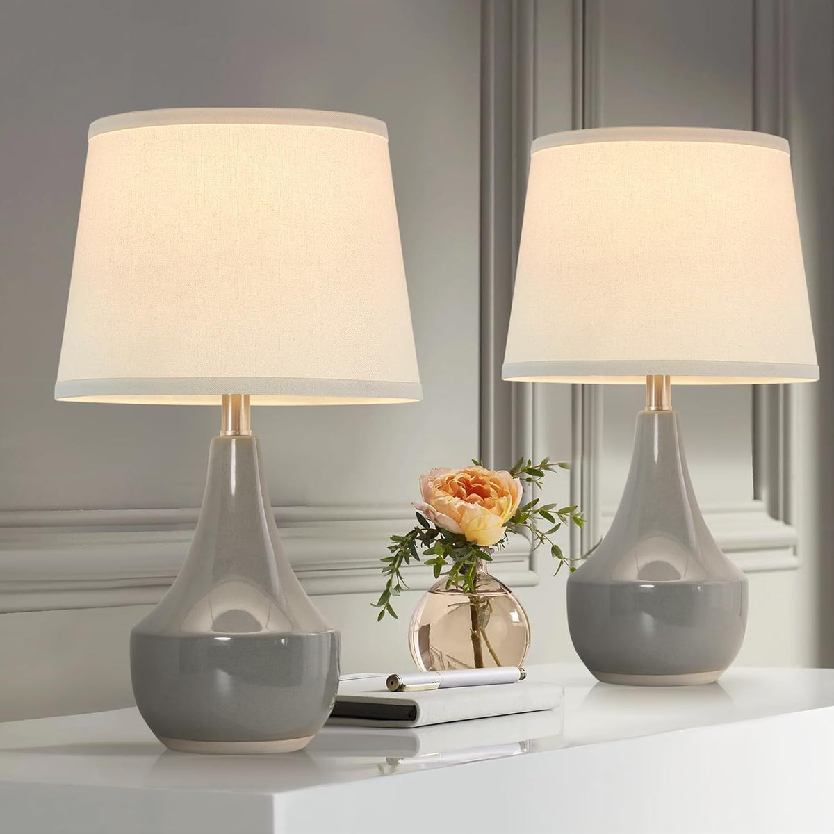 GyroVu 18" Table Lamp Set of 2, Ceramic Table Lamp Classic Beside Lamps Nightstand Lamp Modern Lamp for Living Room, Bedroom & Office Rocker Switch Grey-LED Bulbs Included