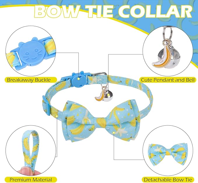 EXPAWLORER Cute Cat Collar Breakaway with Bells - 2 Pack Fruit Adjustable Pet Collar with Removable Bow Tie and Bandana, Safety Buckle for Girl Boy Cats Kitten, Banana