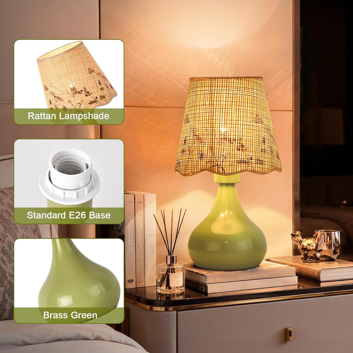 Ziqqeelam Green mall Bedside Cute Table Lamp for Bedroom, Table Lamps for Nightstand, Scalloped Rattan Shade Table Lamps for Small Spaces for Bedroom, Home Office, Living Room