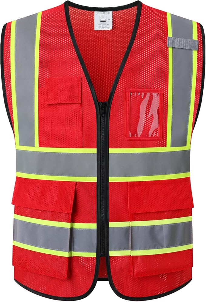 Reflective Mesh Safety Vest for Men Women with 5 Pockets and Zipper Front High Visibility Vest Hi Vis Construction Work Vest,Meets ANSI/ISEA Standards(EK175-Red-XL)
