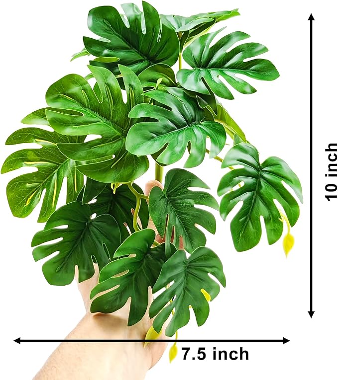Woyrise Reptile Plants for Terrarium, Artificial Hanging Plants with Suction Cups, Amphibian Tank Habitat Decor Plastic Plant for Bearded Dragons Lizards Snake Geckos Frogs - 2Pack Fake Monstera
