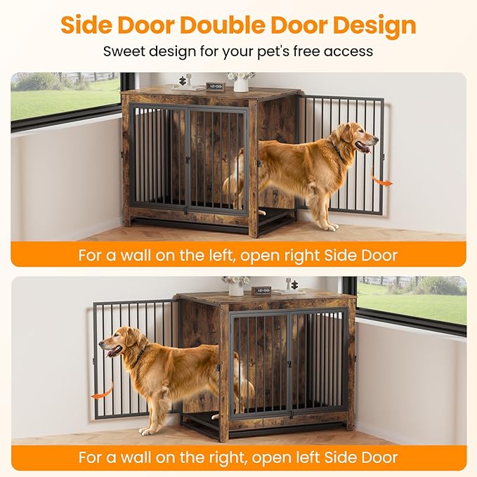Dog Crate Furniture, 42 Inch Indoor Large Dog Kennel for Medium to Large Dogs Up to 70 LBS, Heavy Duty Wooden Pet Cage End Table with 3 Doors, Alloy Steel Frame & Removable Tray