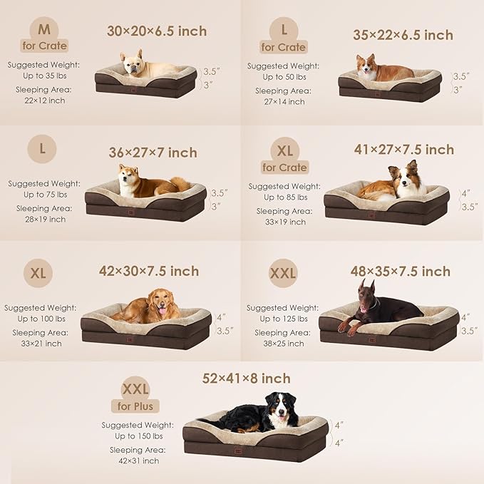EHEYCIGA Orthopedic Dog Bed for Large Sized Dog, 36x27x7 Inch Large Memory Foam Dog Couch Bed with Sides, Waterproof Liner & Washable Removable Cover, Bolster Pet Sofa, Brown