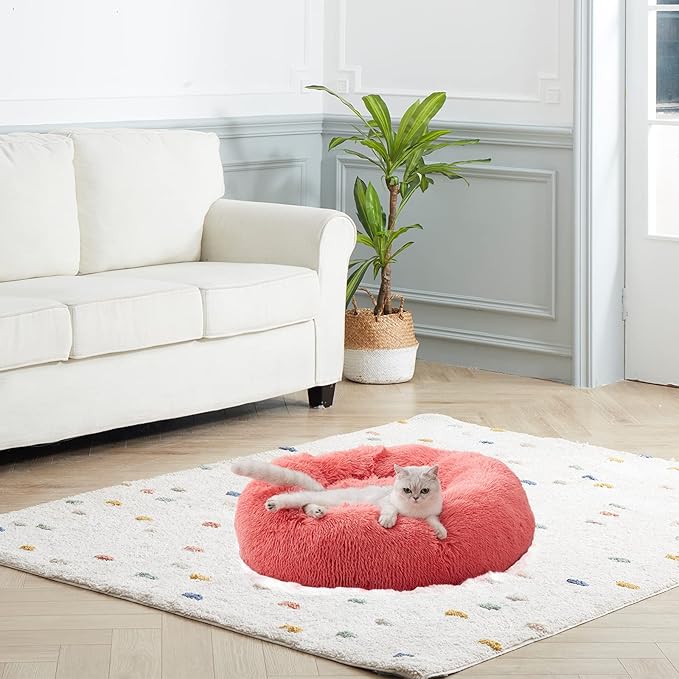 SunStyle Home Dog Bed Medium Size, Machine Washable Donut Round Calming Dog Bed, Anti-Anxiety Fluffy Plush Faux Fur with Anti-Slip Bottom Cushion for Medium and Large Pets