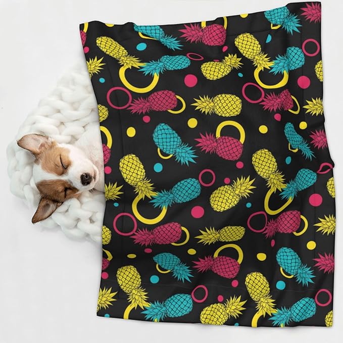 Two Sided Pet Cuddler Blanket for Anxiety Calming, Colorful Tropical Summer Pineapple Print, Reversible Plush Design with Bubble Dot Pattern Provides Familiar Surface Anywhere