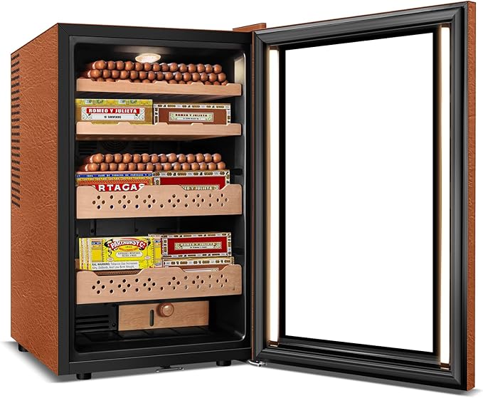 Tylza Leather Trim Cigar Humidor, 70L Cigar Humidor Cabinet with Auto Humidity & Temp Control, 550 Counts, 3 LED Lights, Spanish Cedar Wood, Cigar Humidors with Safety Lock, Gifts for Men