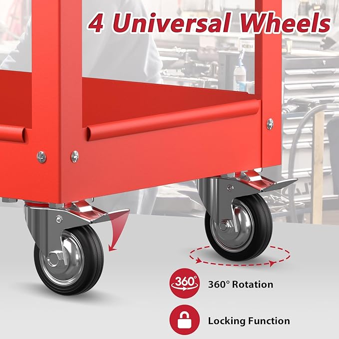3 Tier Rolling Tool Cart on Wheels, Heavy Duty Service Cart Industrial Utility Cart with Drawer and Screwdriver Rack Pegboard, 550 LBS Mobile Tool Storage Organizer for Garage, Workshop (Red)