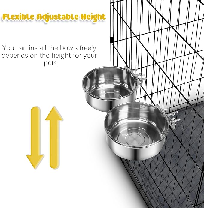 2 Pcs Medium Dog Food Water Bowl for Cage with Upgraded Clamp Holder, Pet Kennel Hanging Bowls Stainless Steel Detectable Bowls Crate Feeder Dish for Medium Dogs (6.3x2.7'' & 5.5x2.3'')