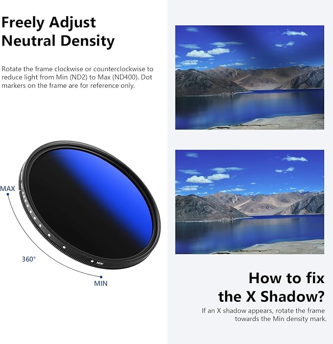NEEWER 52mm Variable ND Filter ND2-ND400, Neutral Density Filter, Water and