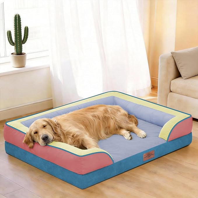 Comfort Expression Orthopedic Dog Bed for Extra Large Dogs 45x35 Inch, Waterproof Egg Crate Foam XL Pet Bed with Removable Bolsters, Dog Couch with Washable Cover & Non-Slip Bottom, Funfetti Fiesta