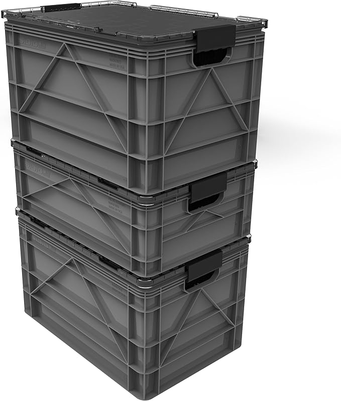 SIDIO CRATE Pro Pack - Two Full Size and One Half Size Heavy Duty Stackable Storage Bins, Totes, Containers with Lids and Dividers - Durable Organizer for Home, Office, Garage, and Outdoor Use - Gray