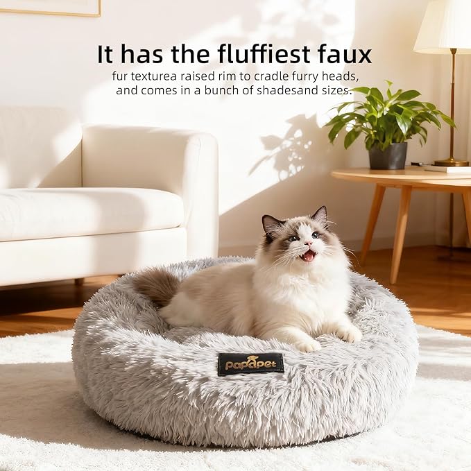 PaPaPet Premium Donut Cat&Dog Bed for Indoor Cats, Ultra Soft Washable Pet Bed for Puppy and Kitten, Plush Long Pile Faux Fur Fabric with Anti-Slip Bottom