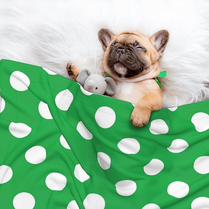 Waterproof Dog Blanket Soft Pet Blanket for Puppy Cat, Fleece Cat Throw Blankets for Furniture Bed Couch Sofa Reversible - Green and White Polka Dot