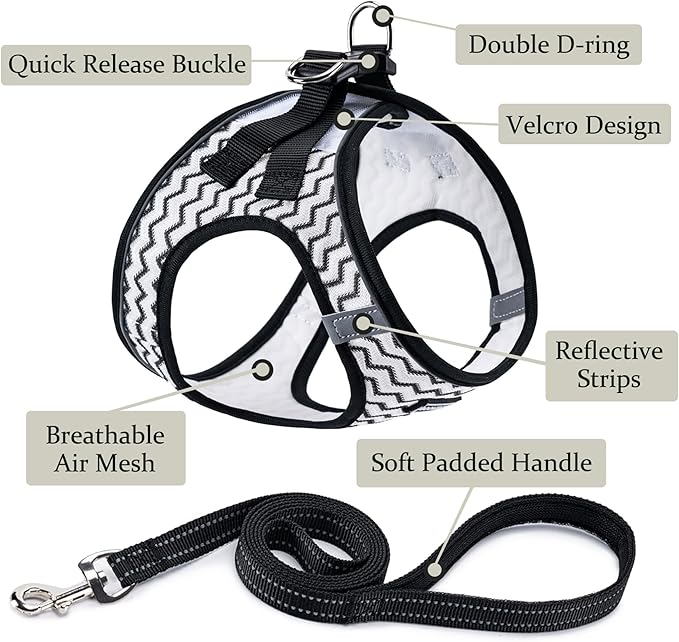 BOOMIBOO Dog Harness with Leash Set, No Pull Adjustable Reflective Step-in Puppy Pet Vest Harnesses for Small Medium Large Dogs and Cats,White Stripe XS