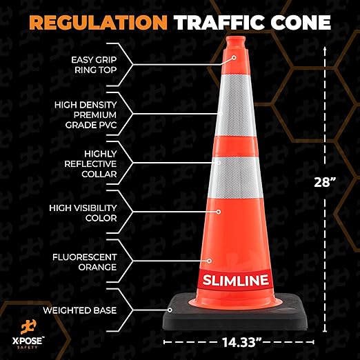 Xpose Safety 36 Inch Orange Slim Line Traffic Cones Heavy Duty 12lb, 6" & 4" Collar - Bulk Half Pallet 125 Pack - Multipurpose PVC Plastic Safety Cone Parking, Caution & Construction - DOT Approved