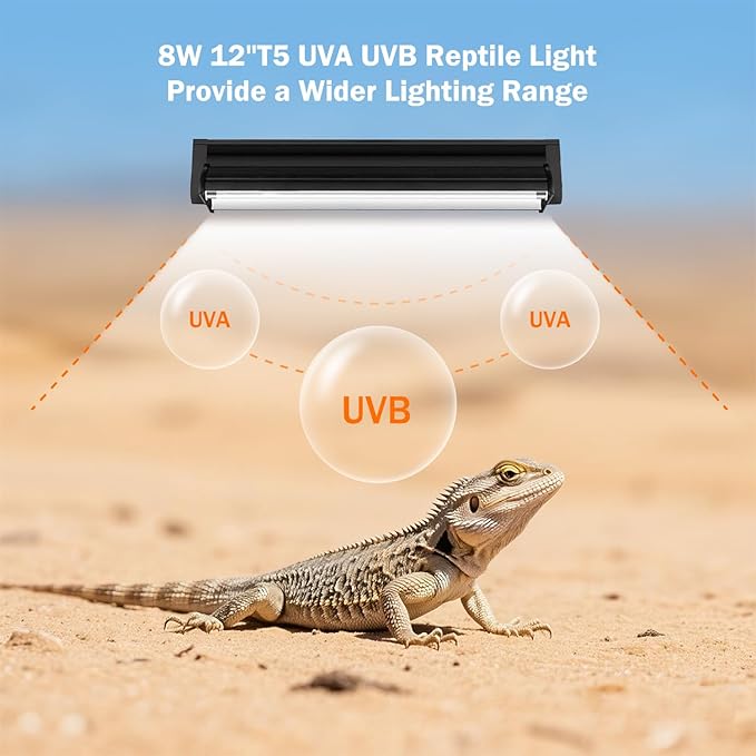 T5 10.0 UVB Reptile Light Fixture, T5 UVA UVB Light Tube Lamp Blub 8W 12" for Bearded Dragon, Tortoise,Desert Lizards,Leopard Gecko,Reptile & Amphibian Lamp