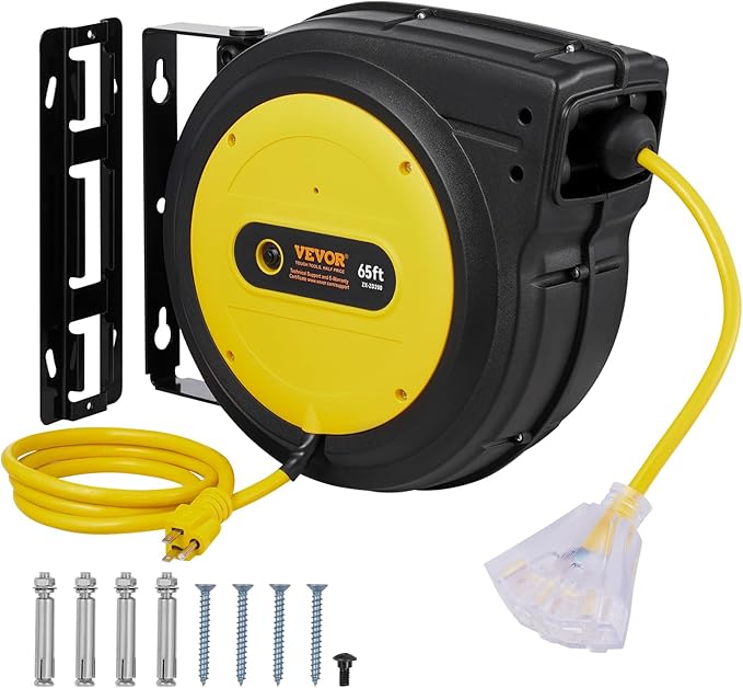VEVOR Retractable Extension Cord Reel, 65 FT, Heavy Duty 12AWG/3C SJTOW Retractable Power Cord with Lighted Triple Tap Outlet, 15 Amp Circuit Breaker 180° Swivel Bracket for Ceiling or Wall Mount