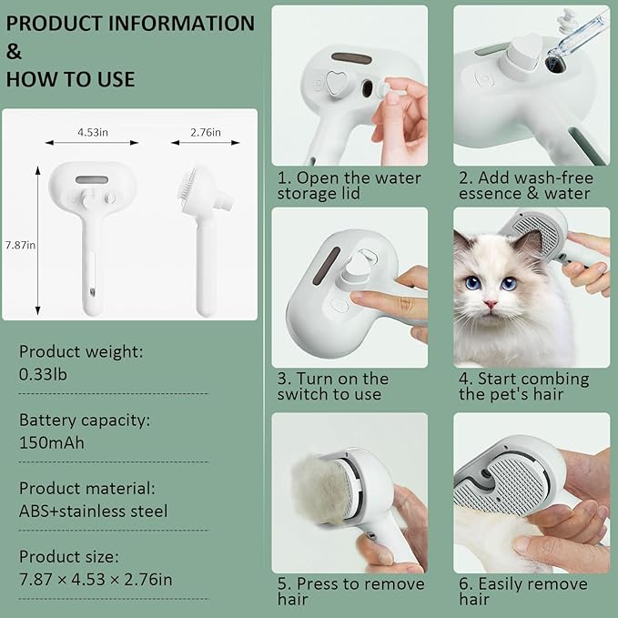 Fur Shower Brush for Dogs, 3 In 1 Self Cleaning Steamy Pet Brush, Pets Spray Hair Removal Comb - Anti-Static, Dog Grooming Tool With Steam | Skin-Friendly Design (White)