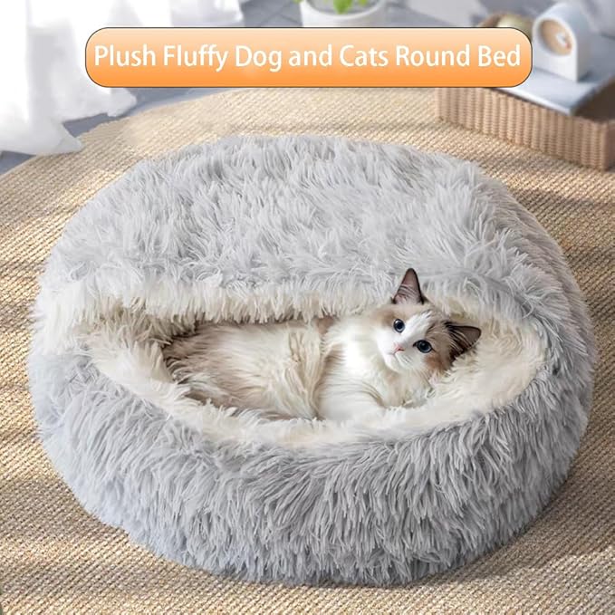 Plush Fluffy Dog and Cats Round Bed, Ultra-Soft Plush with Raised Rim, Non-Slip Bottom, Plush Cat Bed with A Cover, for Small Dogs and Cats (Gray, X-Large)