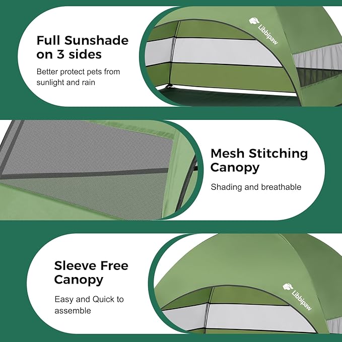 Windproof Elevated Dog Bed with Canopy & Stakes, 3-Sided 90% UV Block, Chew-Proof Teslin Mesh Mat for Large Dogs up to 150lbs(Green Large)