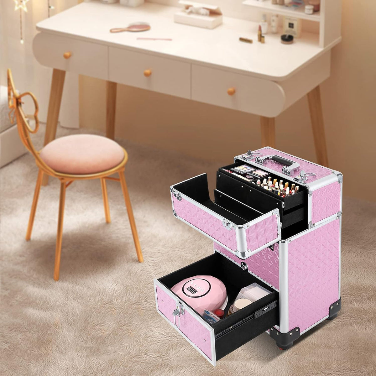 Rolling Makeup Train Case,Professional Aluminum Trolley Case with 4 Detachable Wheels,Nail Polish Organizer with 7 Compartments and a Drawer,for Storing Scissors Makeup Jewelry (Pink Style A)