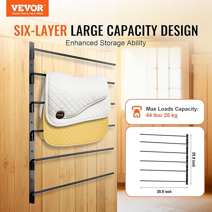 VEVOR Wall Mounted Saddle Rack, 30.9 x 29.9 x 5.5 in, Swing Out Saddle Holder, Six Tiers Horse Saddle Stand, Space Saving Horse Pad and Blanket Rack for Tack Room Organization Trailer Accessories