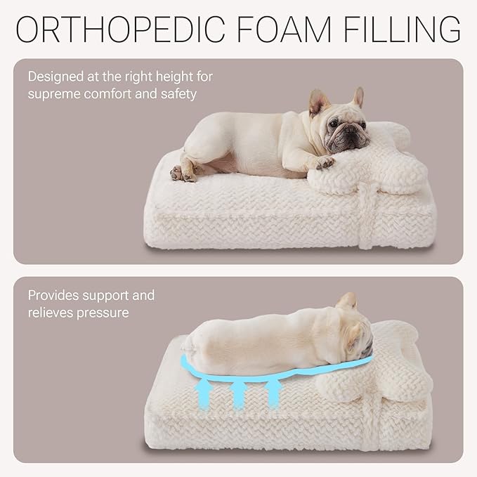 Soft Touch Faux Fur Dog Bed for Medium Size Dogs 6.5" Extra Thick, Orthopedic Pet Bed with Waterproof Liner and Washable Cover, with Removable Cute Pillow, Cream Color