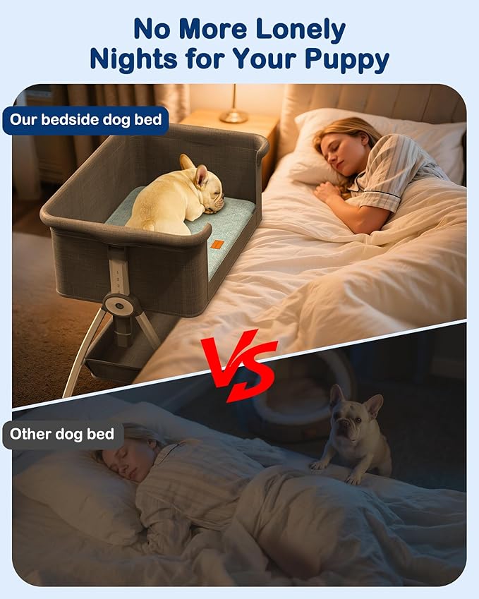 Bedside Dog Bed, 6-Height Adjustable Elevated Cat Bed for Small & Medium Puppy & Cat, Extension for Human Bed, Pet Bassinet with Removable & Washable Cover, Dogs Couch with Sides (30" L x 21" W)