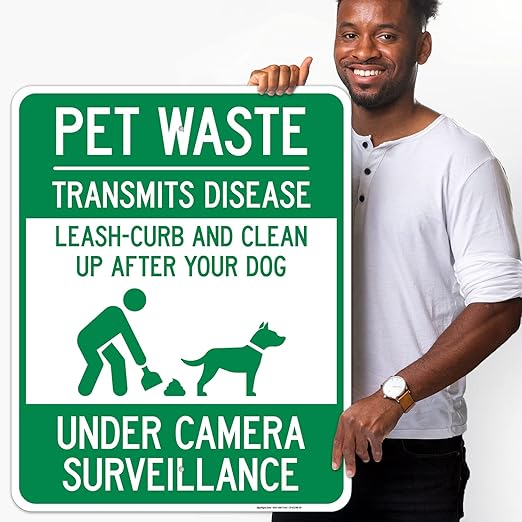 Pet Waste Leash-Curb and Clean Up After Your Dog Under Camera Surveillance Sign, 24x30 Inches, Rust Free .063 Aluminum, Fade Resistant, Made in USA