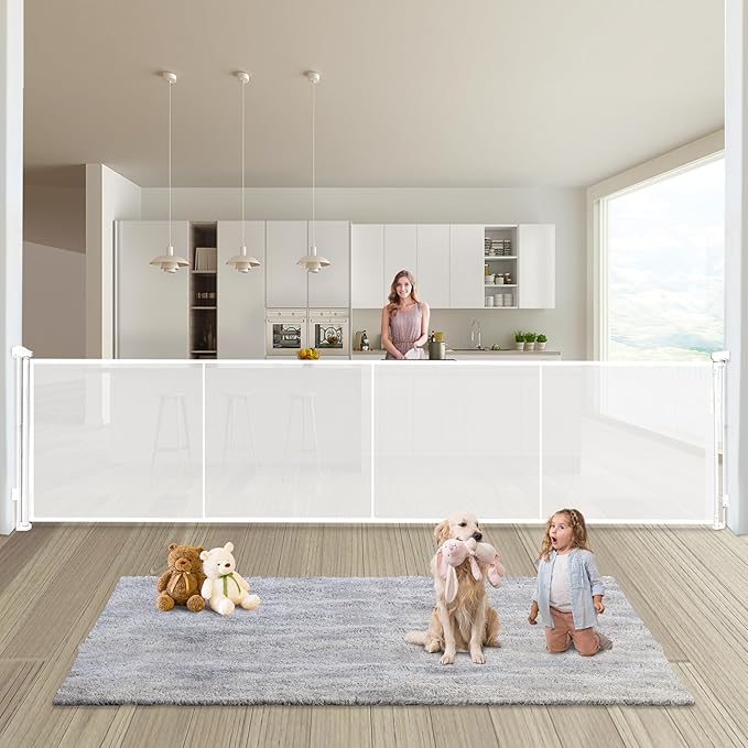 Retractable Baby Gates Dog Gate - 200" Extra Wide Expandable Child Safety Gate, 37" Tall Toddler Pet Mesh Gate with Reinforced Strips for Doorways, Stairs, Hallways, Outdoor & Indoor Large Openings