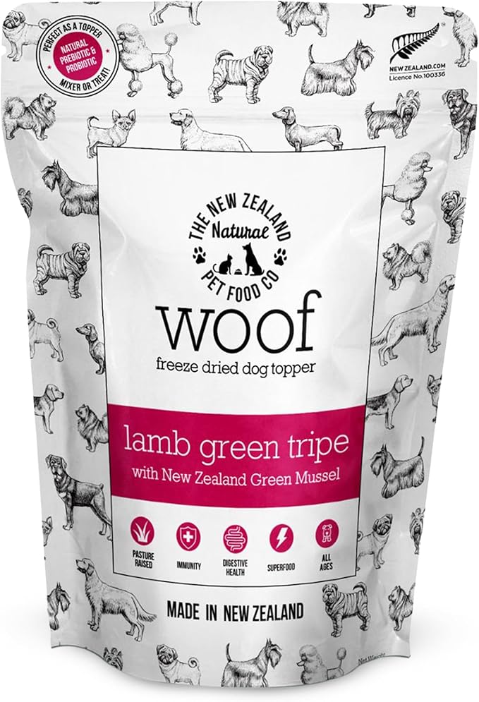 The New Zealand Natural Pet Food Co. WOOF Freeze Dried Dog Topper – Lamb Green Tripe, High Protein, Digestive Support, Topper or Treat – 6.3 oz